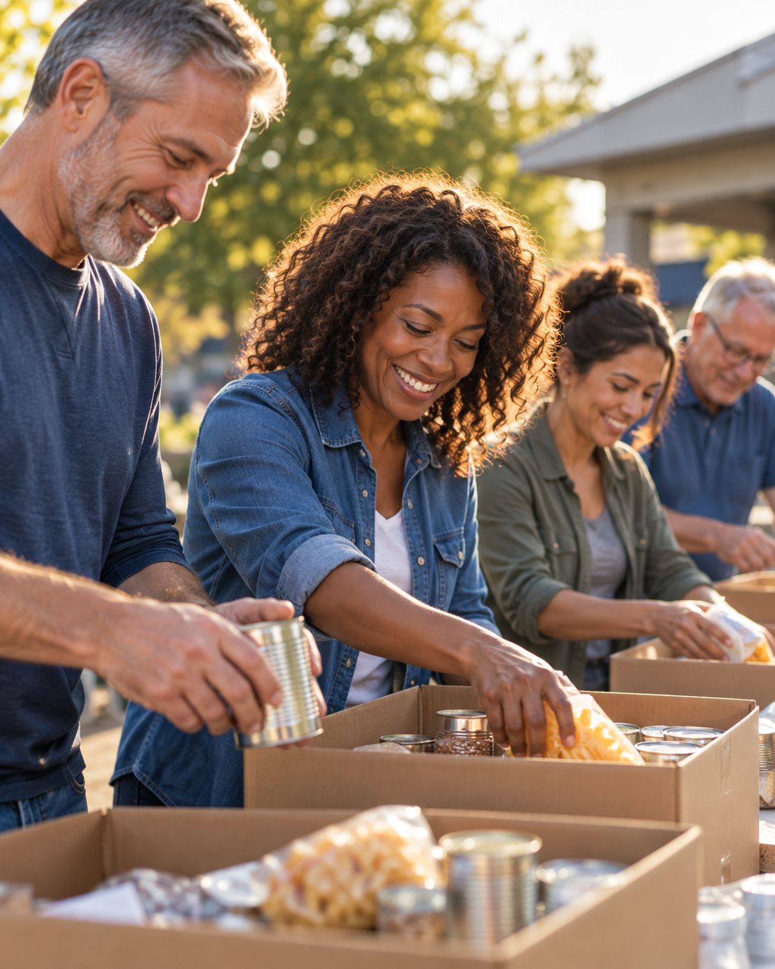 Volunteers packing food donation boxes together